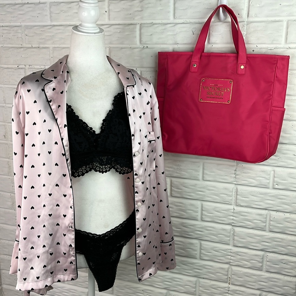 VICTORIA’S SECRET BUNDLE 4 HEART SATIN PJ TOP LACE BRALETTE THE LACIE THONG New